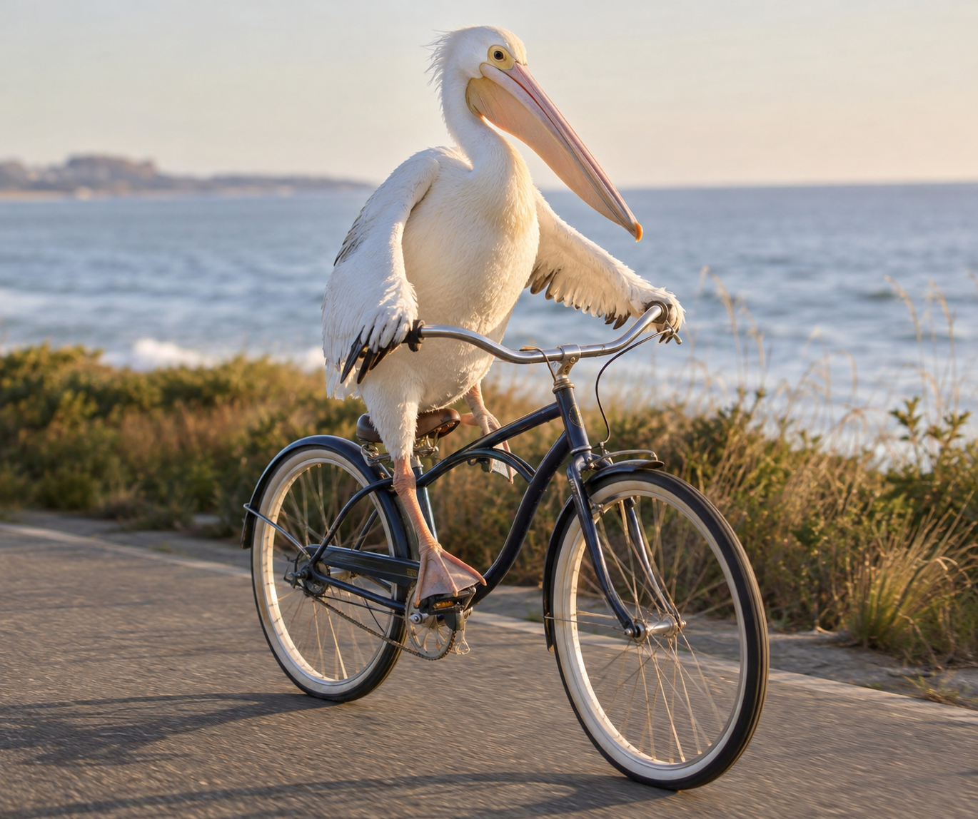 A pelican riding a bicycle